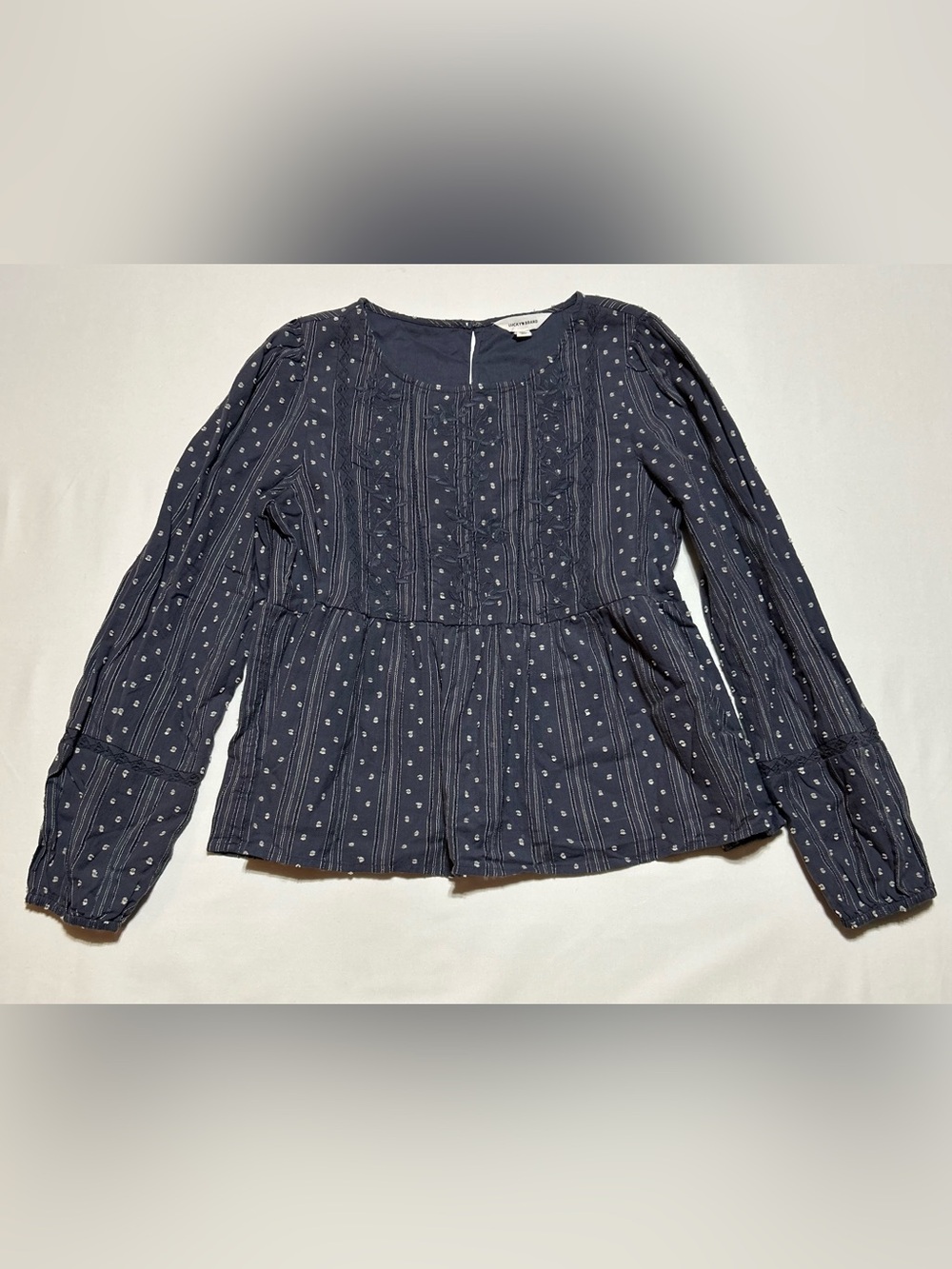 Lucky Brand Babydoll Blouse (XS); Long-Sleeve Peplum; Embroidered Accents